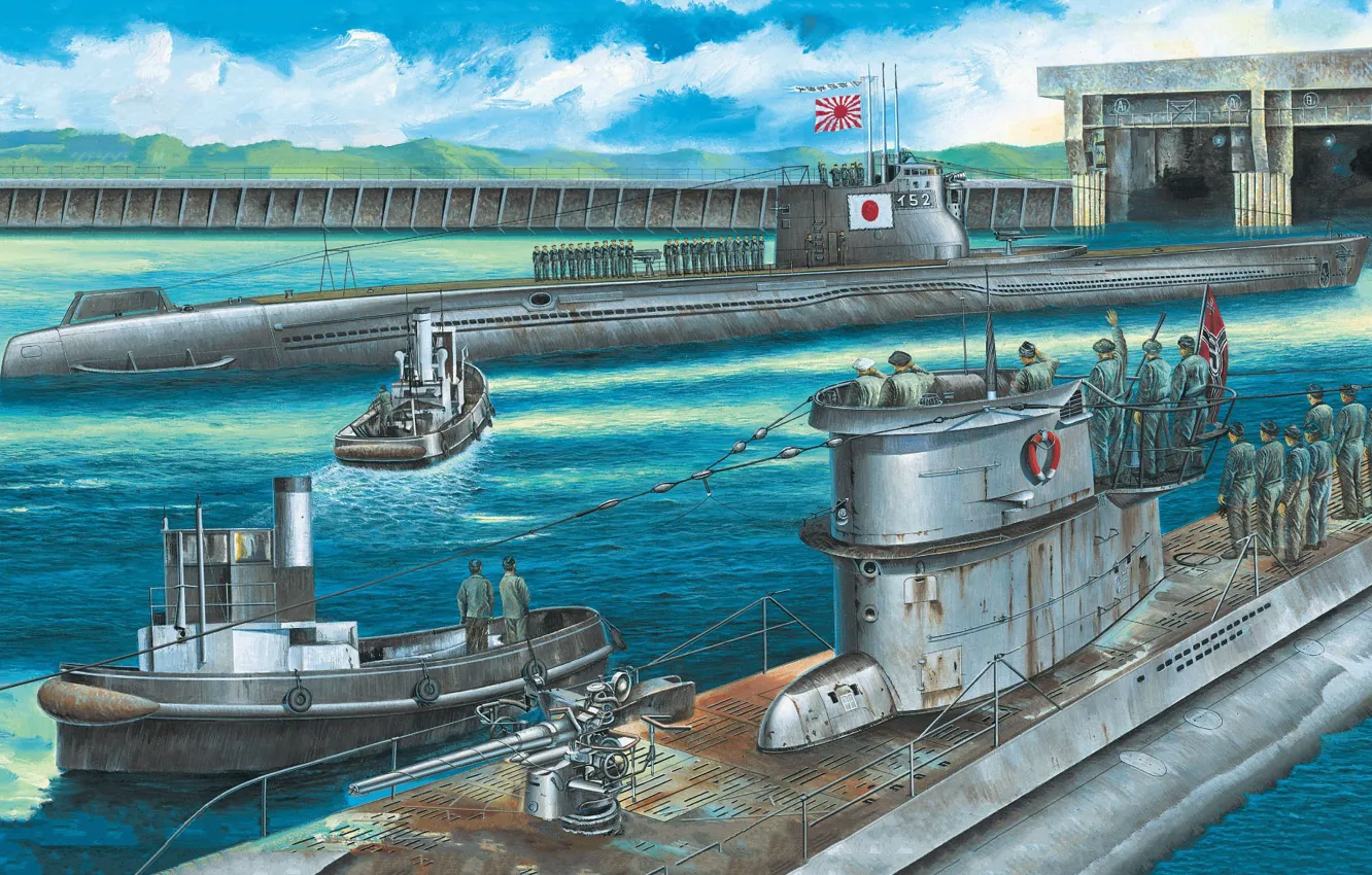 Фото обои Подводная лодка, Германия, Япония, U-Boot, Kriegsmarine, Type C3, Imperial japanese navy