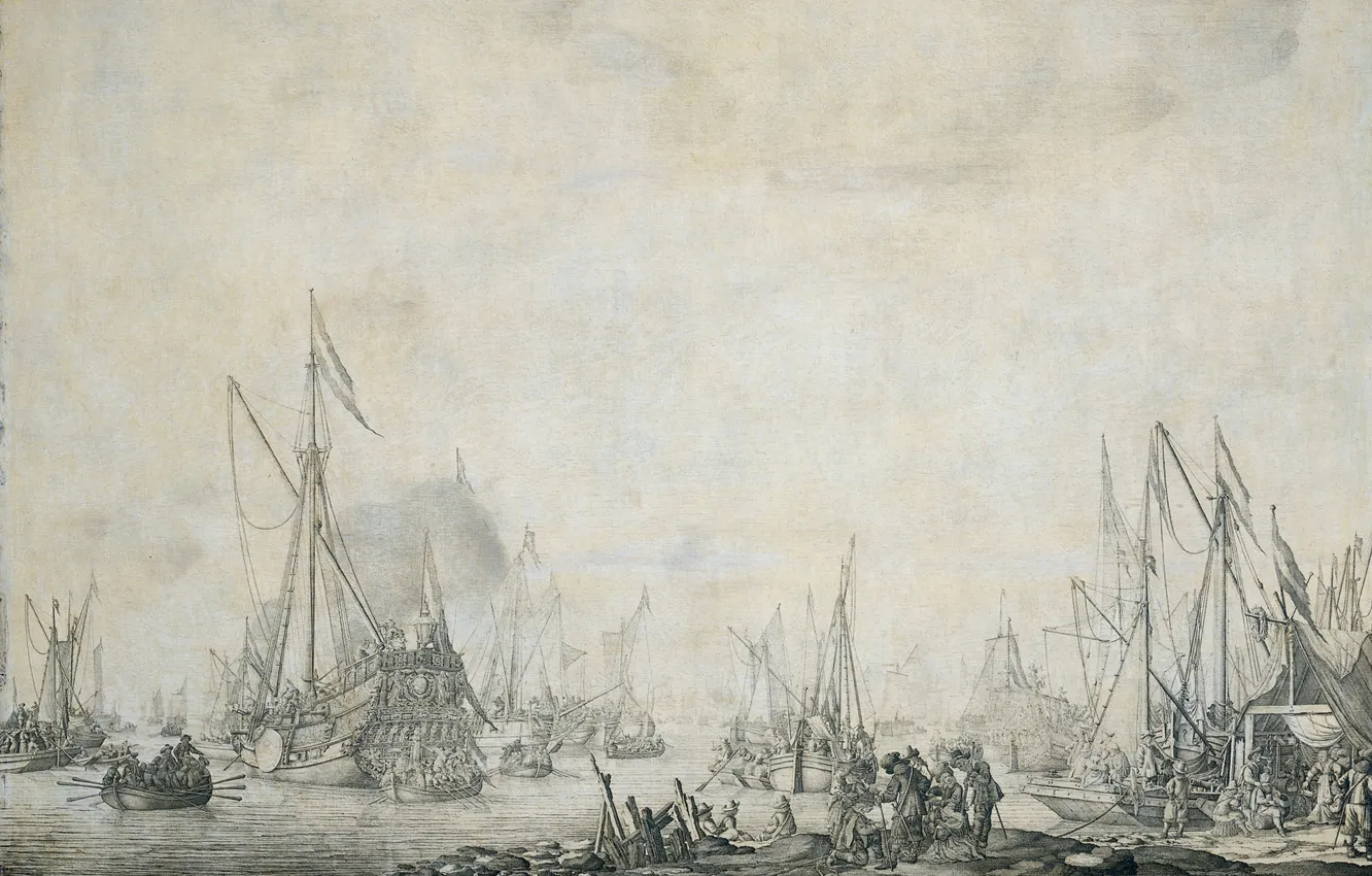 Фото обои рисунок, чернила, 1693, Willem van de Velde I, Виллем ван де Велде Старший, Корабли 'Prinsenjacht' …