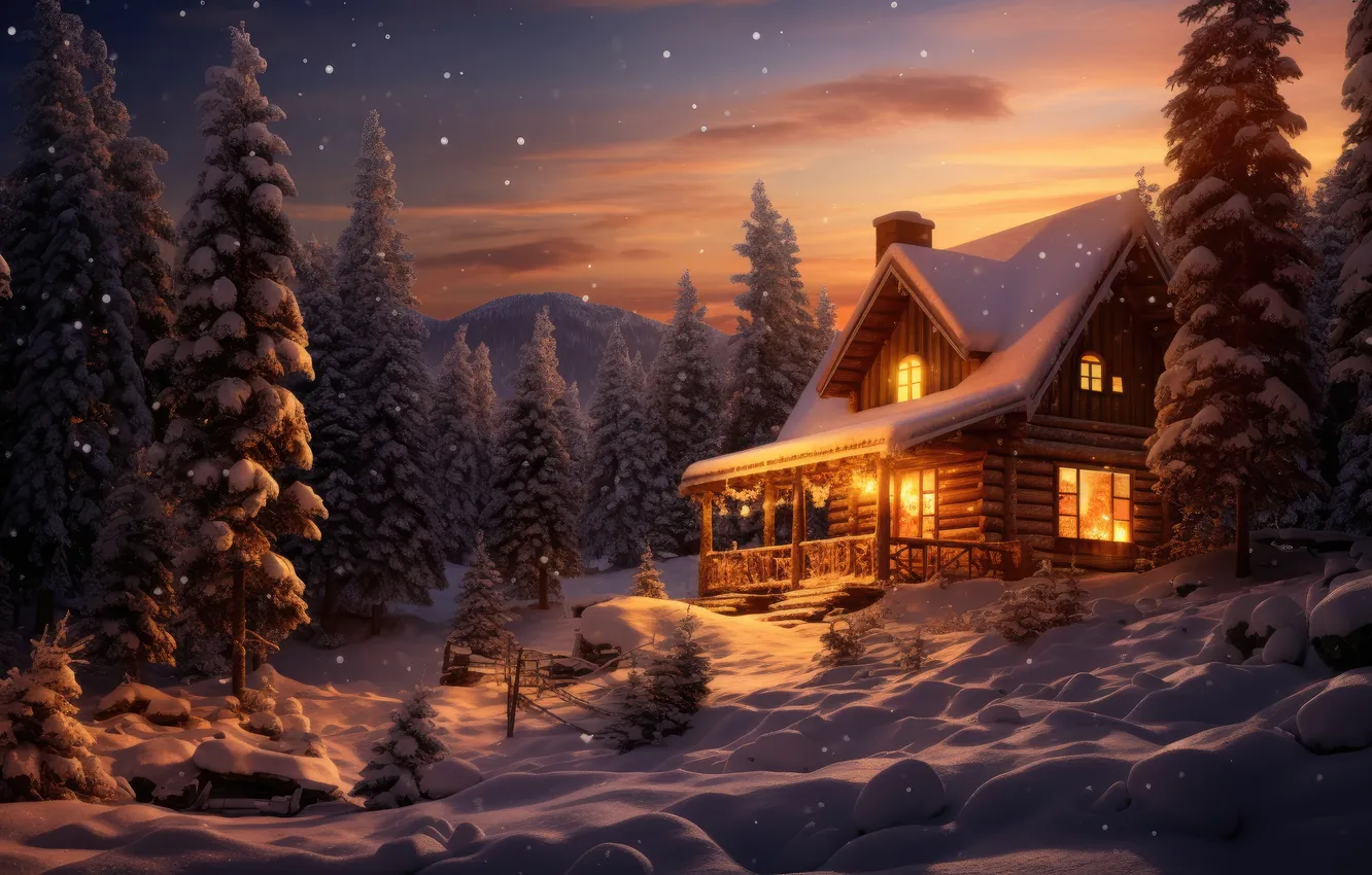 Фото обои зима, лес, снег, горы, ночь, природа, домик, house