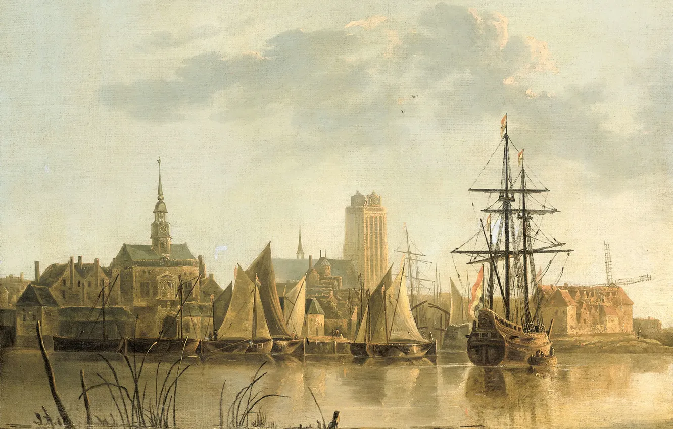 Фото обои город, корабль, картина, парус, Альберт Якобс Кёйп, Вид Дордрехта на Закате