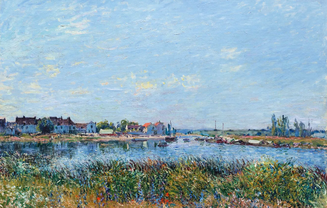 Фото обои небо, облака, город, река, заросли, картина, Alfred Sisley