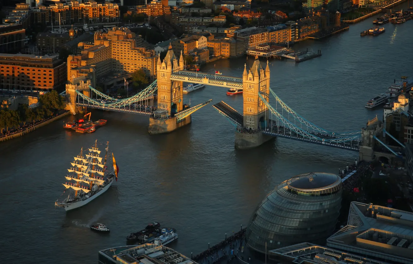 Фото обои закат, мост, город, река, Англия, Лондон, здания, корабли