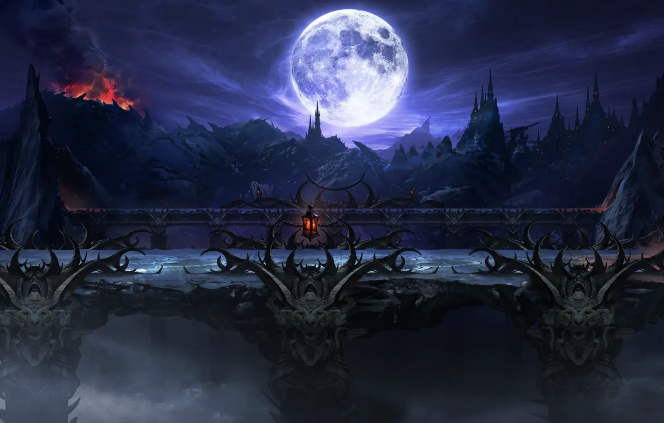 Фото обои пейзаж, ночь, мост, замок, скалы, луна, вулкан, арт