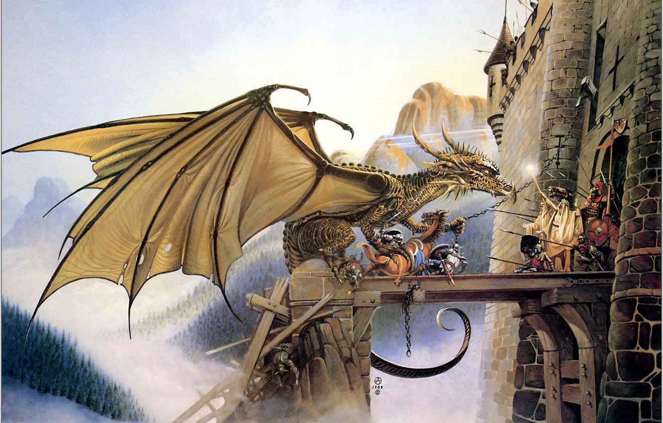 Фото обои горы, фентези, дракон, войны, крепость, оборона, Chris Achilleos, Dragonspell