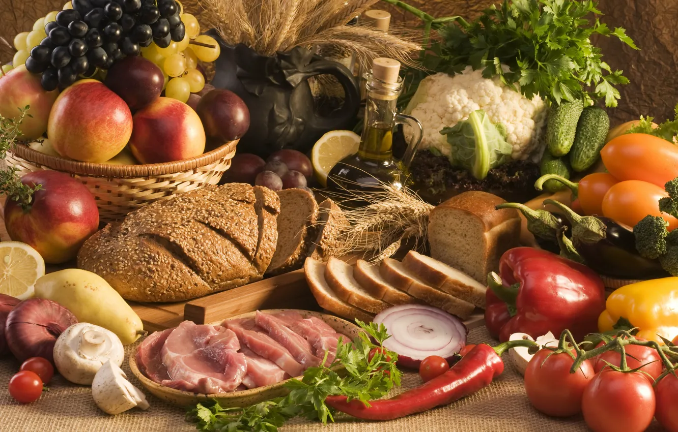 Фото обои зелень, масло, хлеб, мясо, фрукты, овощи