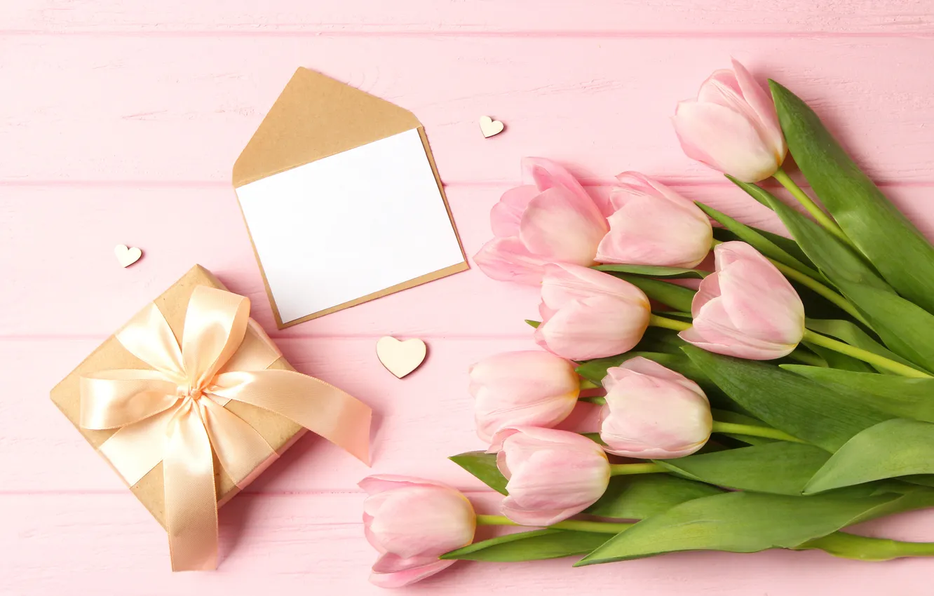 Фото обои цветы, подарок, букет, тюльпаны, розовые, wood, pink, flowers
