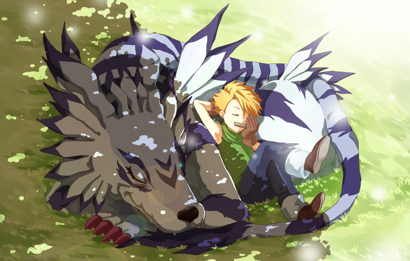 Фото обои трава, солнце, друг, отдых, монстр, аниме, арт, парень