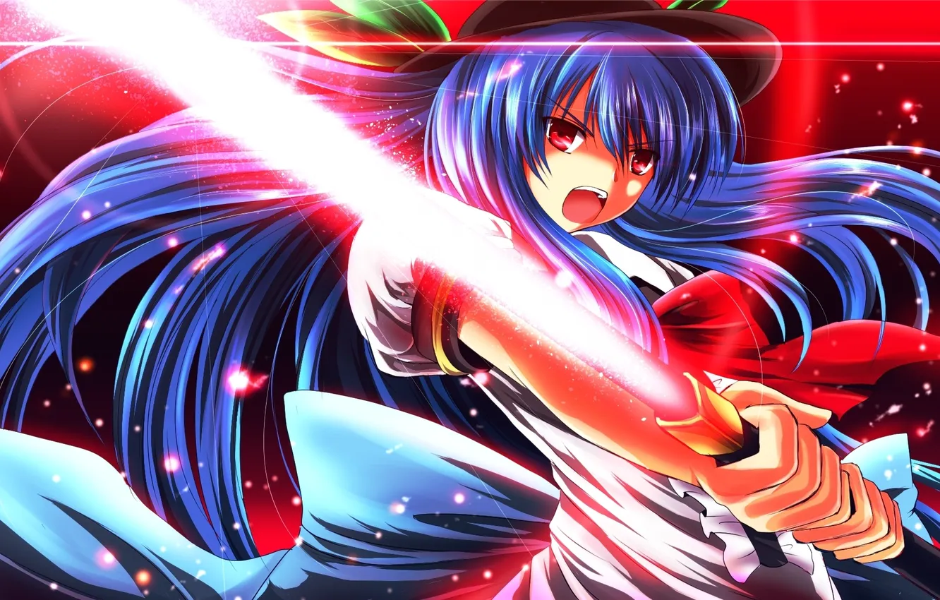 Фото обои девушка, магия, меч, шляпа, арт, touhou, nekominase, hinanawi tenshi