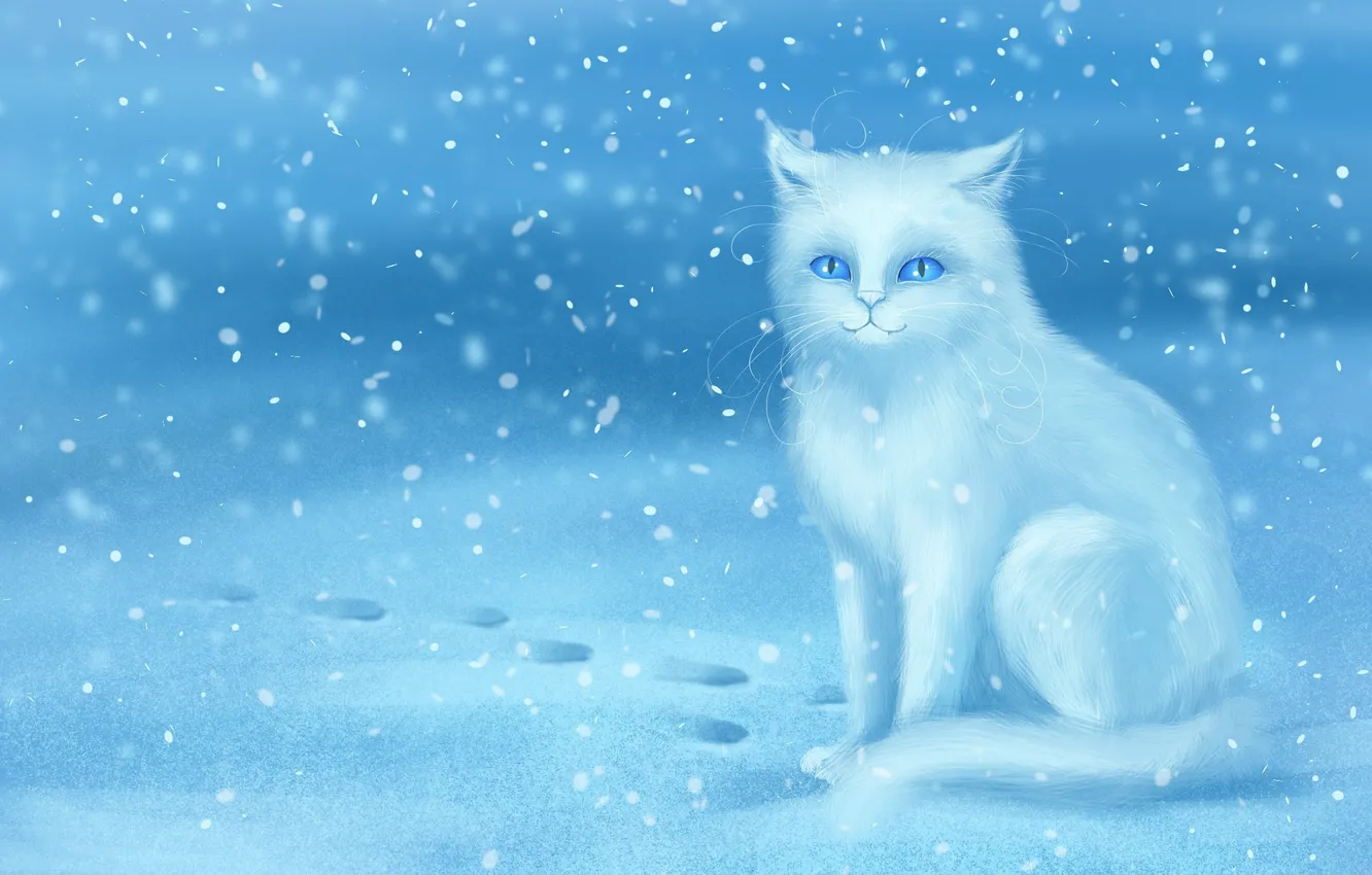 Фото обои зима, кошка, снег, следы, арт, белая