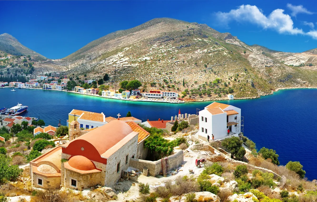 Фото обои море, деревья, горы, природа, камни, побережье, дома, Греция