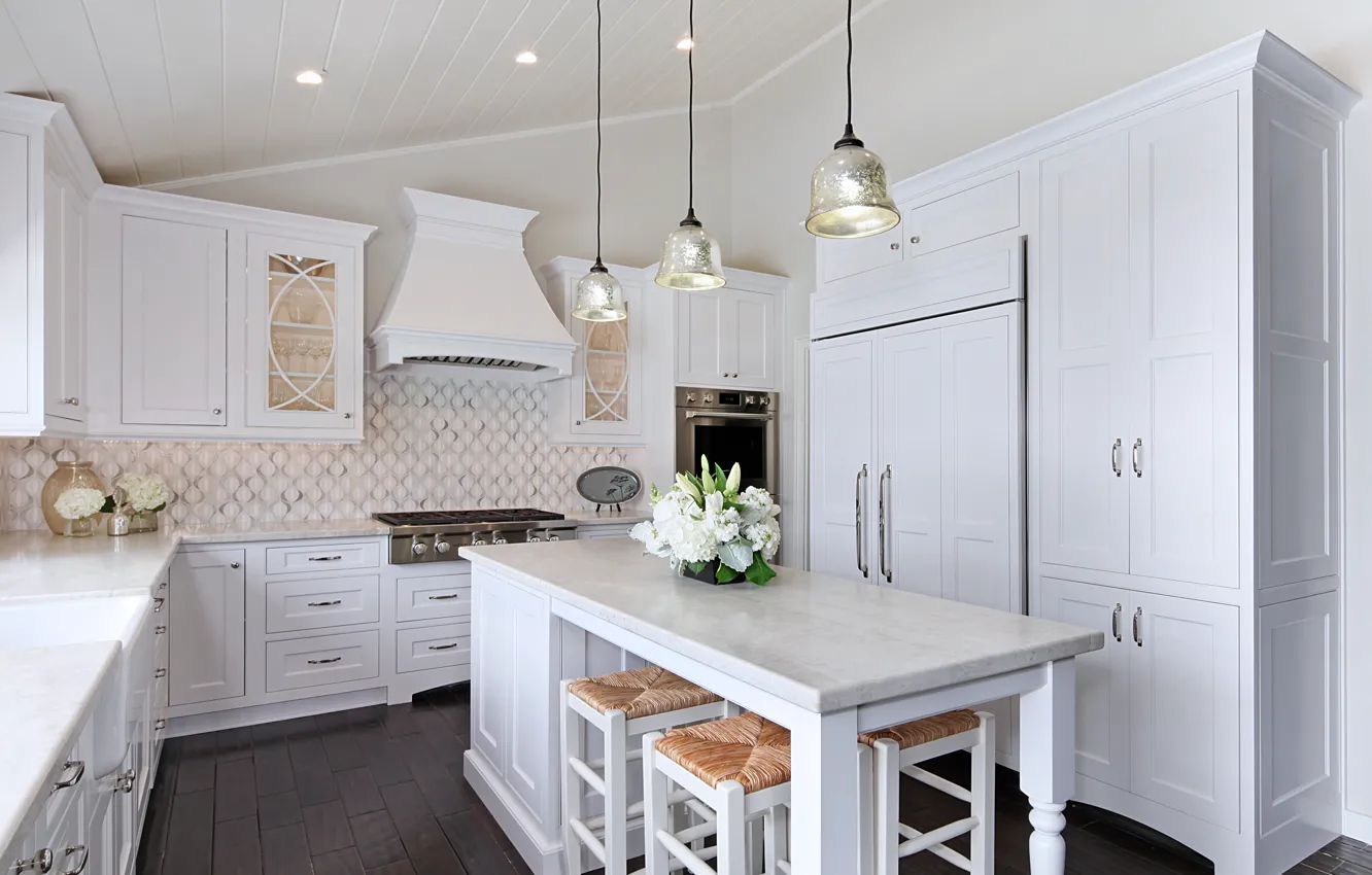 Фото обои дизайн, стол, лампа, интерьер, букет, кухня