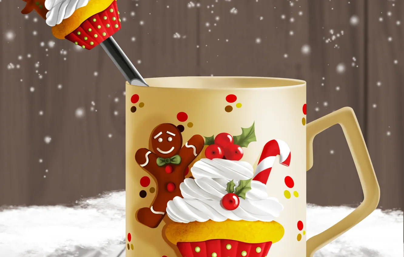 Фото обои рисунок, ложка, чашка, Новый год, Christmas, New Year