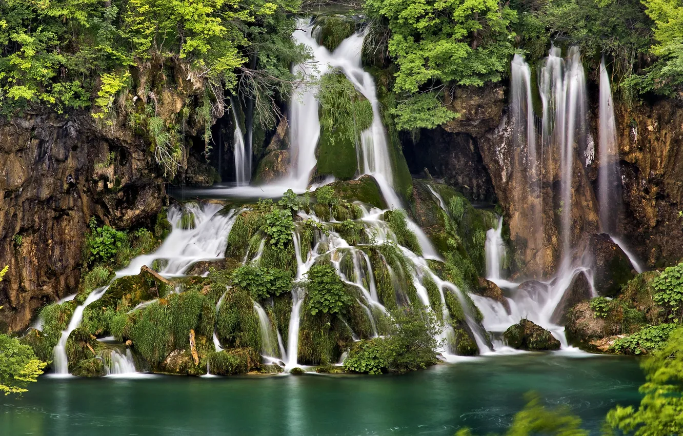 Фото обои лес, озеро, водопады, плитвице