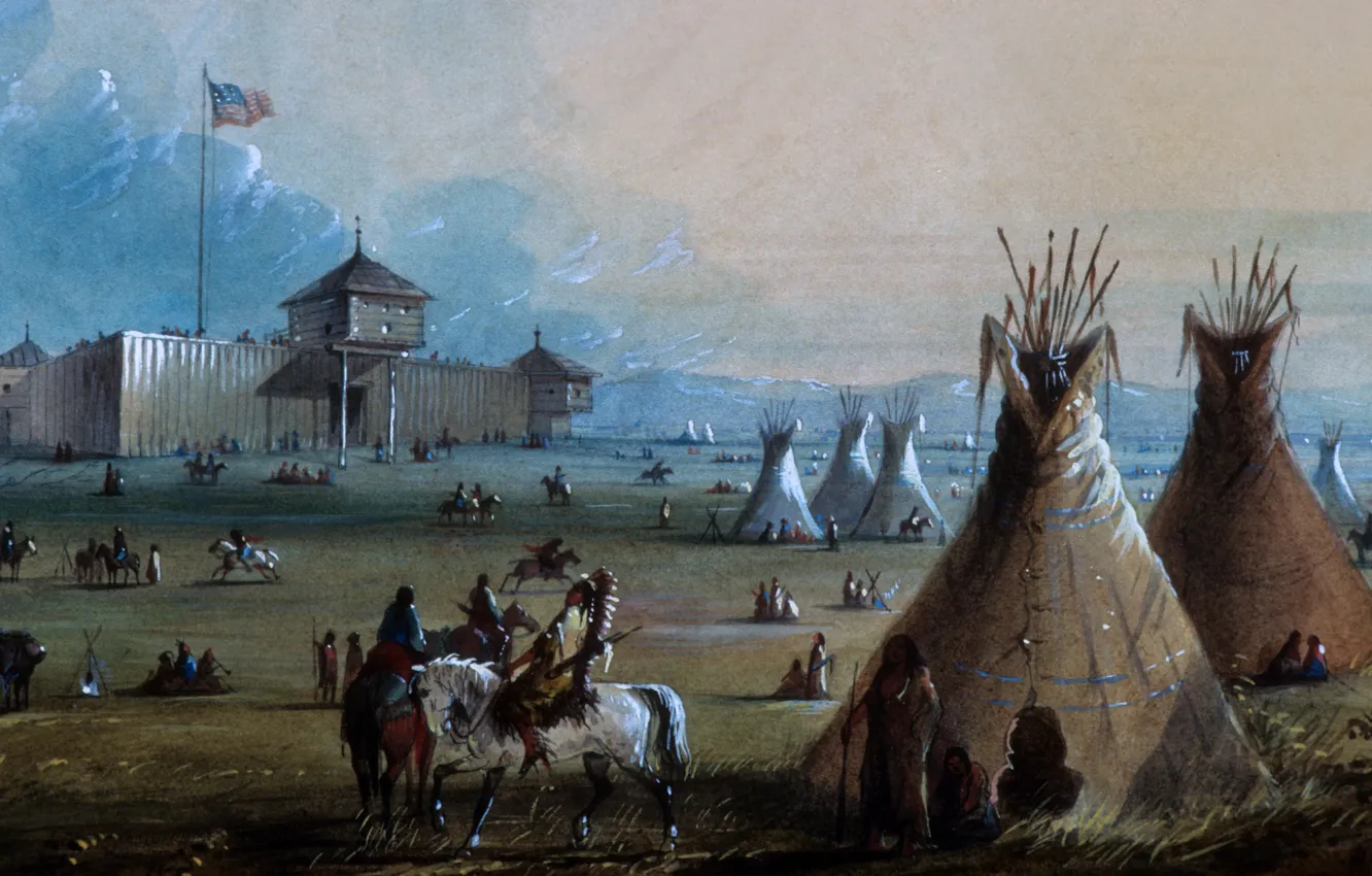 Фото обои картина, graphics, живопись, painting, frontier outpost with several native american, tent sites in front