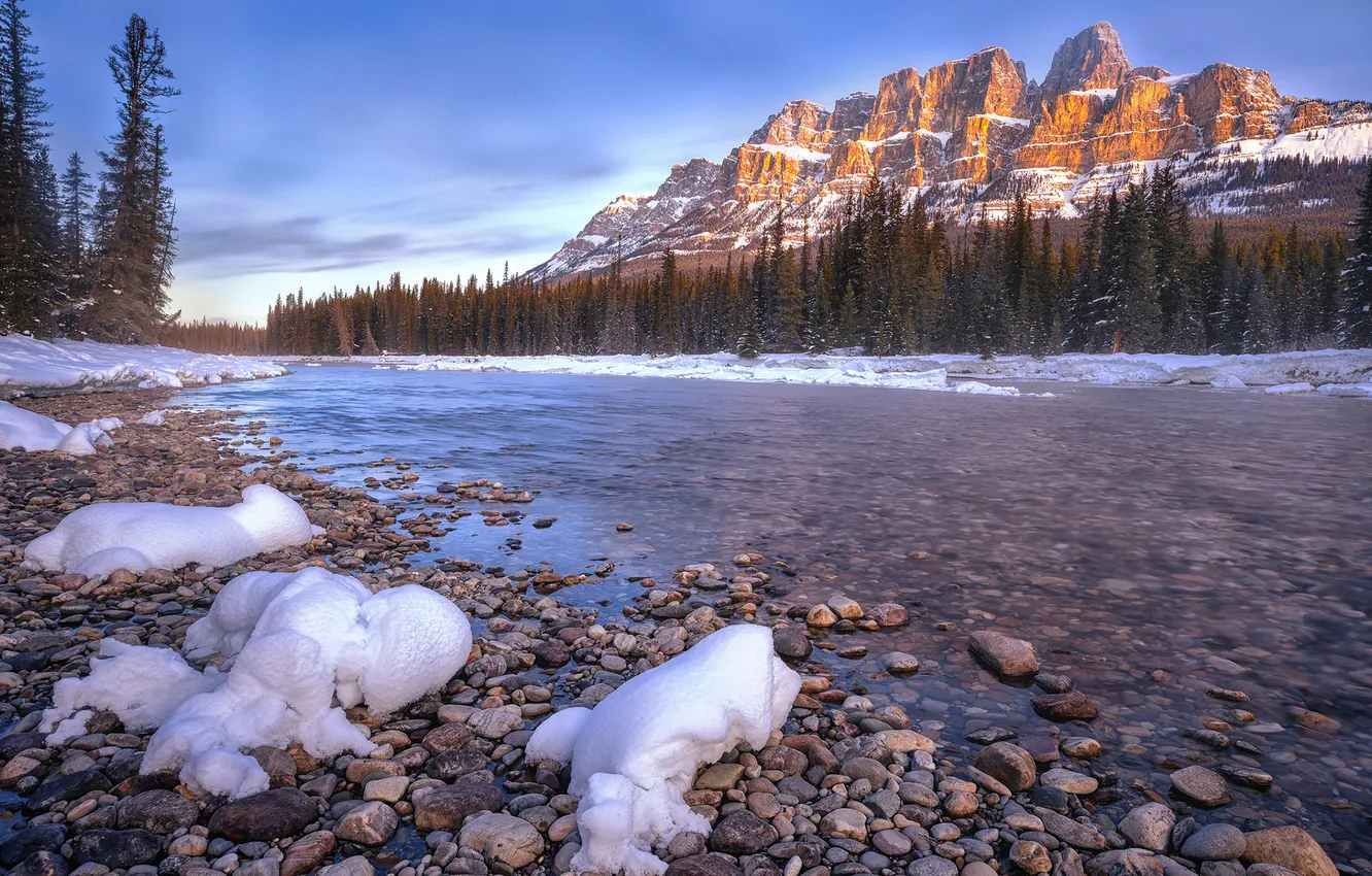 Фото обои ice, rock, water, lake, snow, Castle Mountain