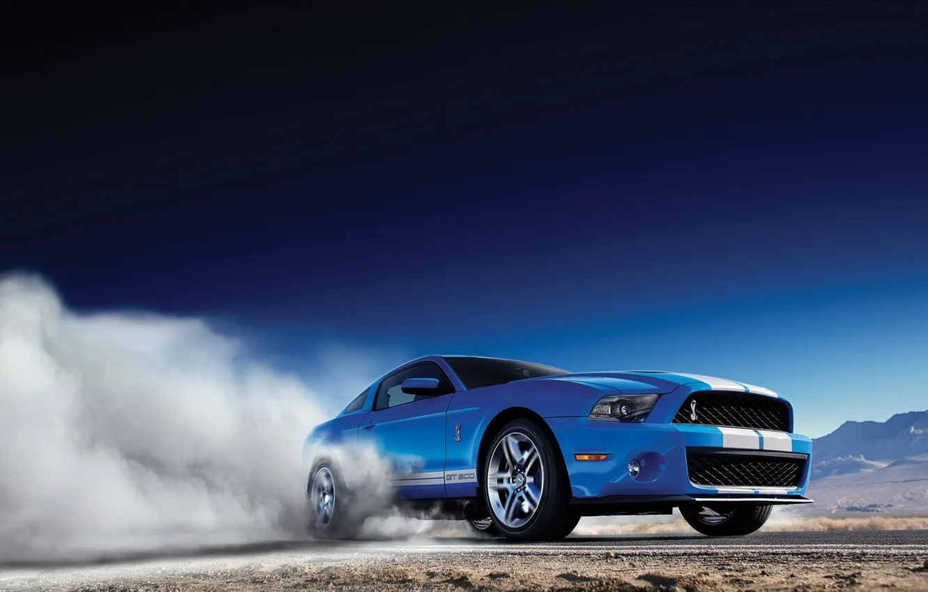 Фото обои небо, горы, синий, дым, Ford, Shelby, GT500, тачки