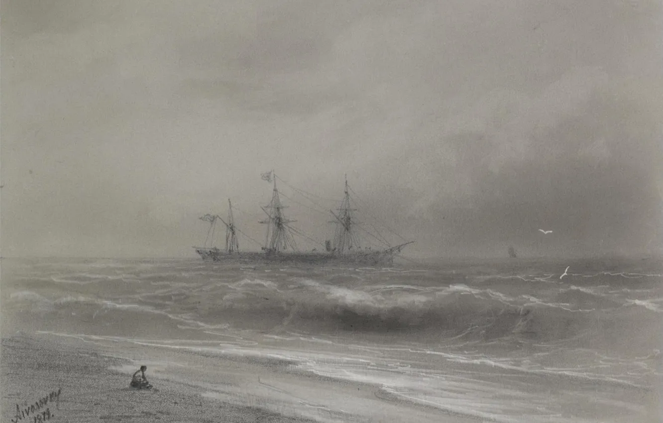 Фото обои рисунок, морской пейзаж, Иван Айвазовский, 1879, Корабль Вдоль Берега