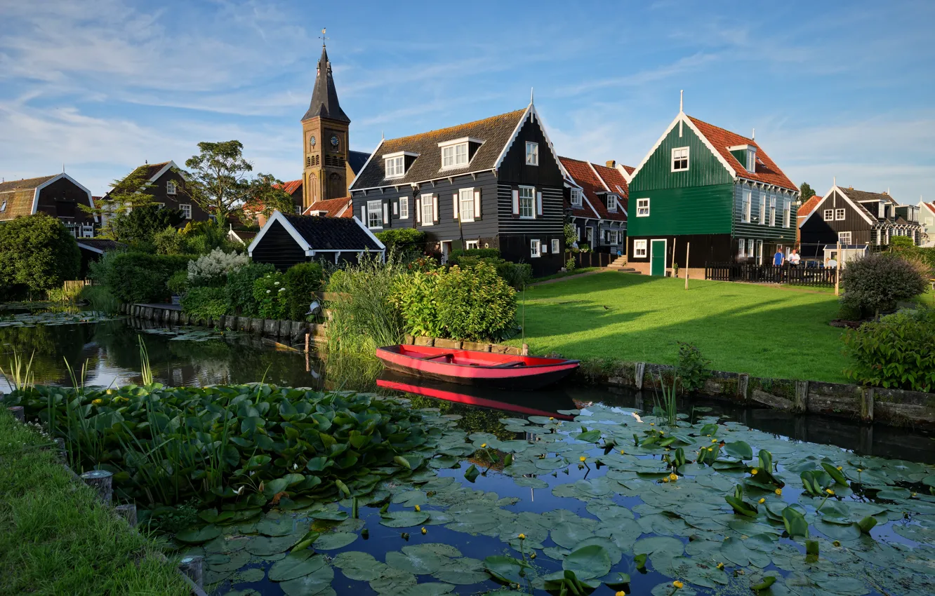 Фото обои пруд, лодка, дома, Нидерланды, Marken