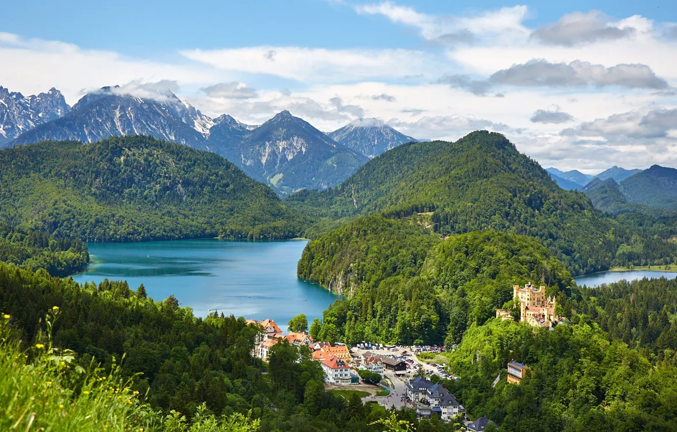 Фото обои лес, озеро, замок, Германия, Альпы, Хоэншвангау, Hohenschwangau Castle