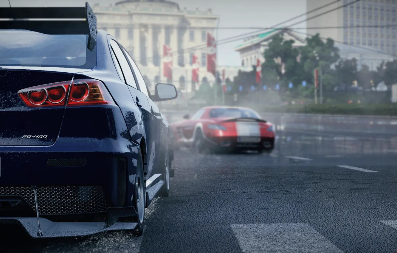 Фото обои Mitsubishi, Lancer, Mercedes, SLS, 2014, Slightly Mad Studios, WOS, World Of Speed