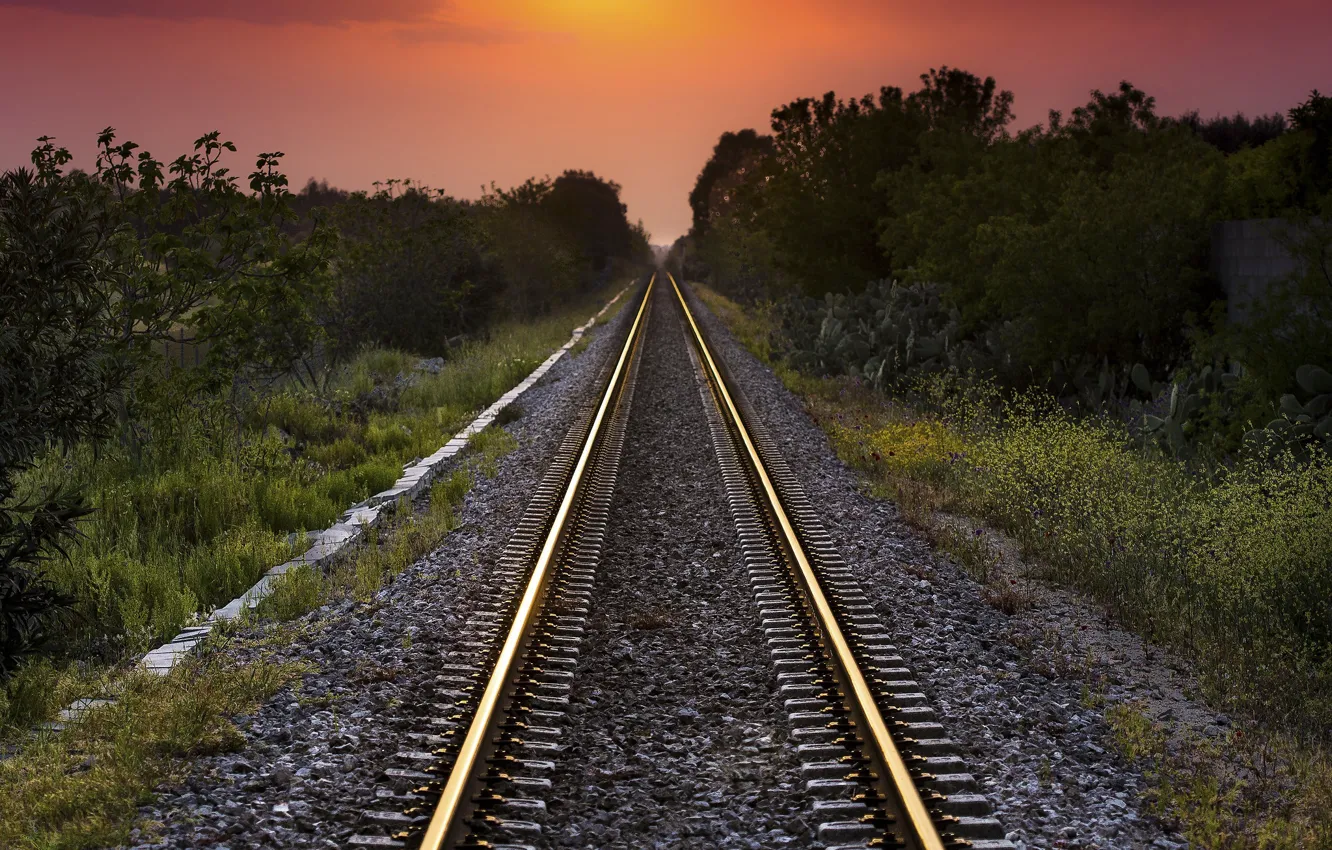 Фото обои закат, природа, железная дорога