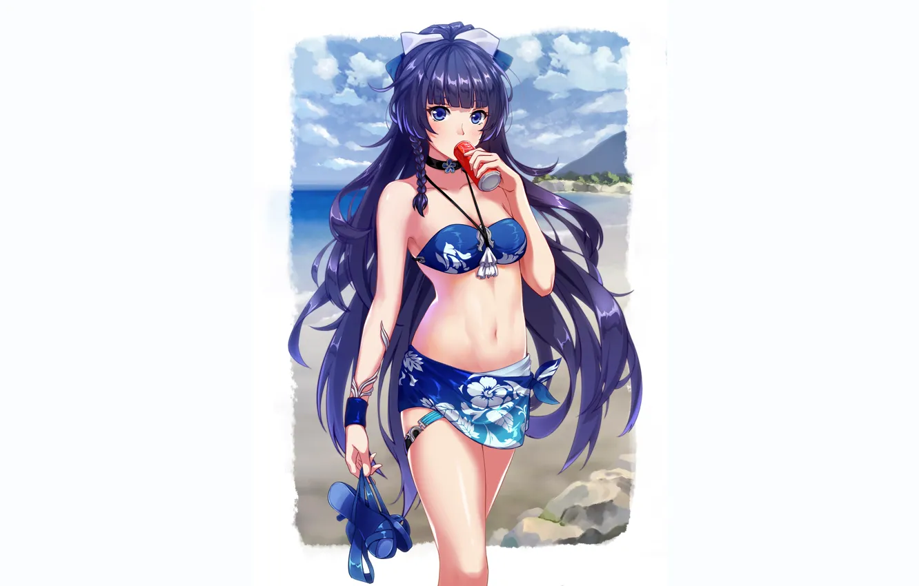 Фото обои girl, sexy, cleavage, beach, long hair, sea, boobs, anime