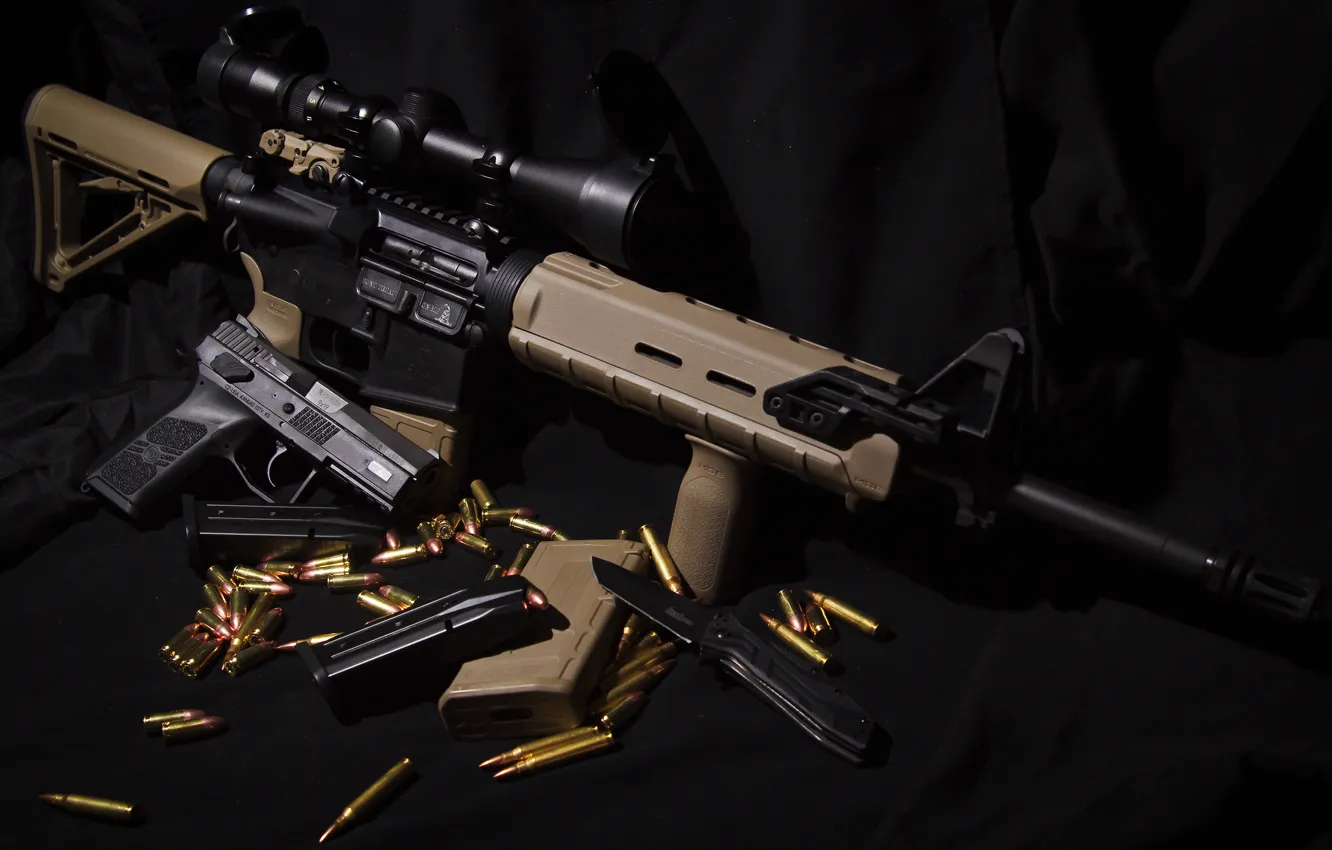 Фото обои пистолет, оружие, нож, AR-15, штурмовая винтовка, CZ P-07