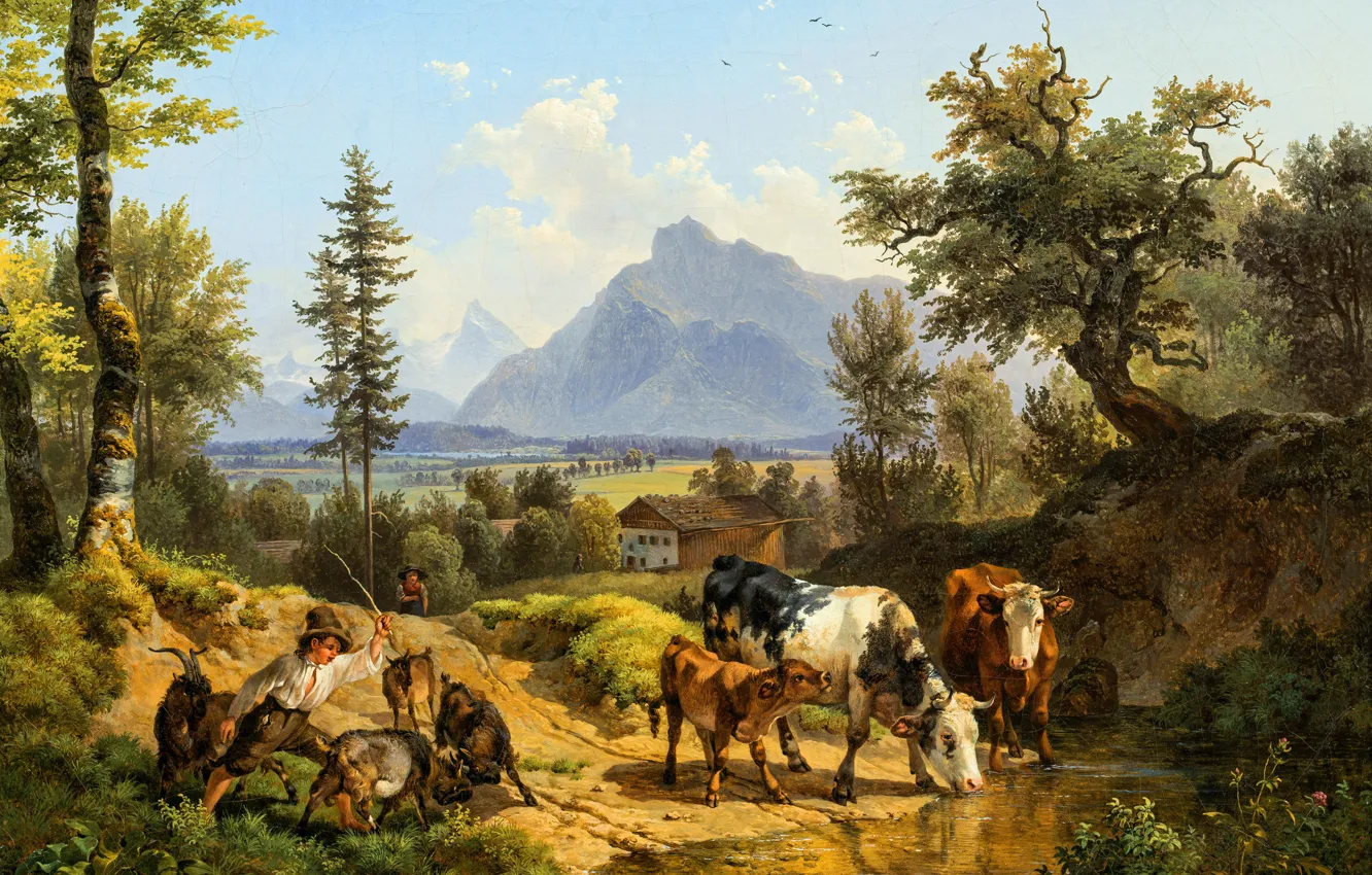 Фото обои Горы, Деревья, Картина, Коровы, Теленок, Козы, Пастух, Австрийский художник
