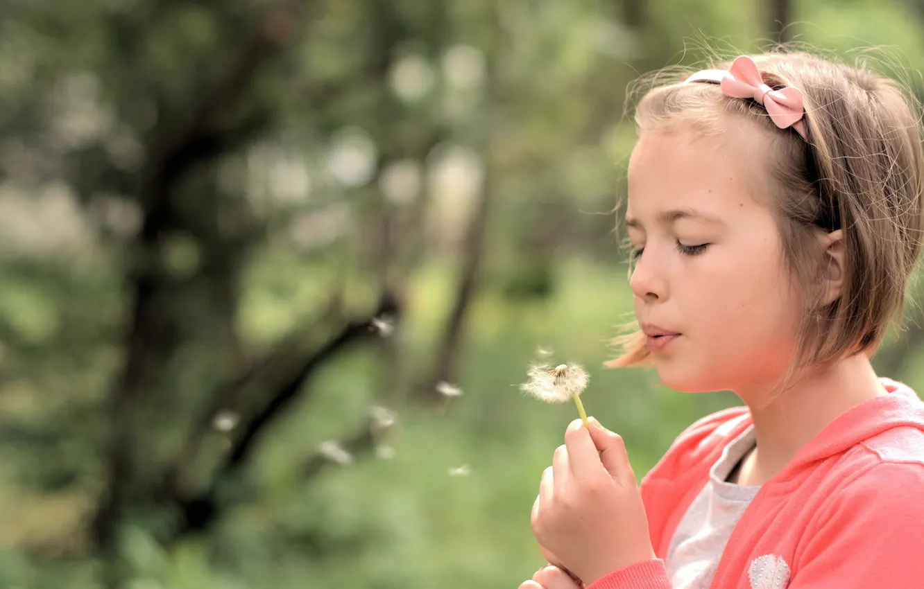 Фото обои настроение, девочка, blowing dandelions