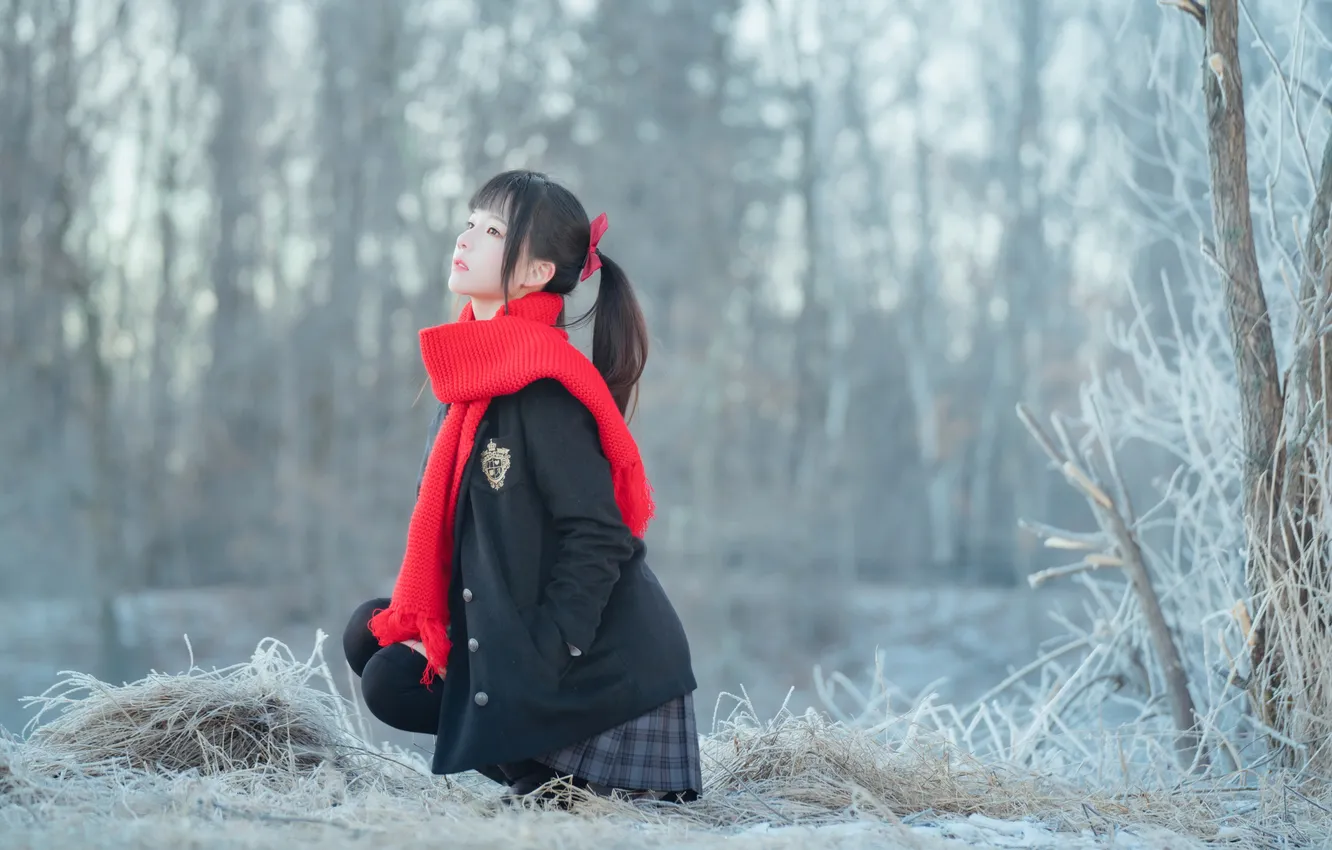 Фото обои Beautiful, Asian, Model, Winter, Snow, Woman, Mist, Cute