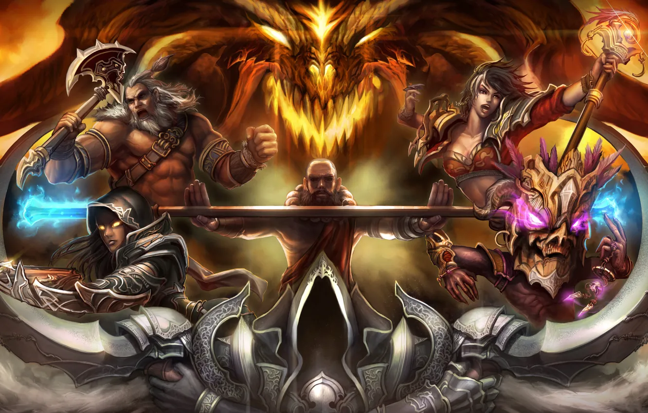 Фото обои Diablo 3, Demon Hunter, Witch Doctor, Barbarian, Wizard, Monk