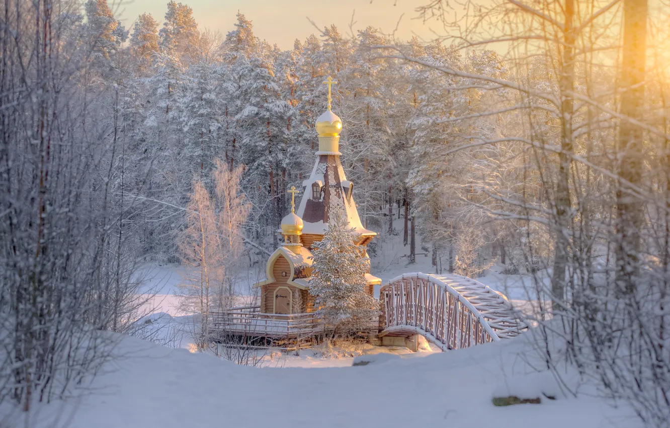 Фото обои зима, лес, снег, мост, храм, Россия, Ленинградская область, Эдуард Гордеев