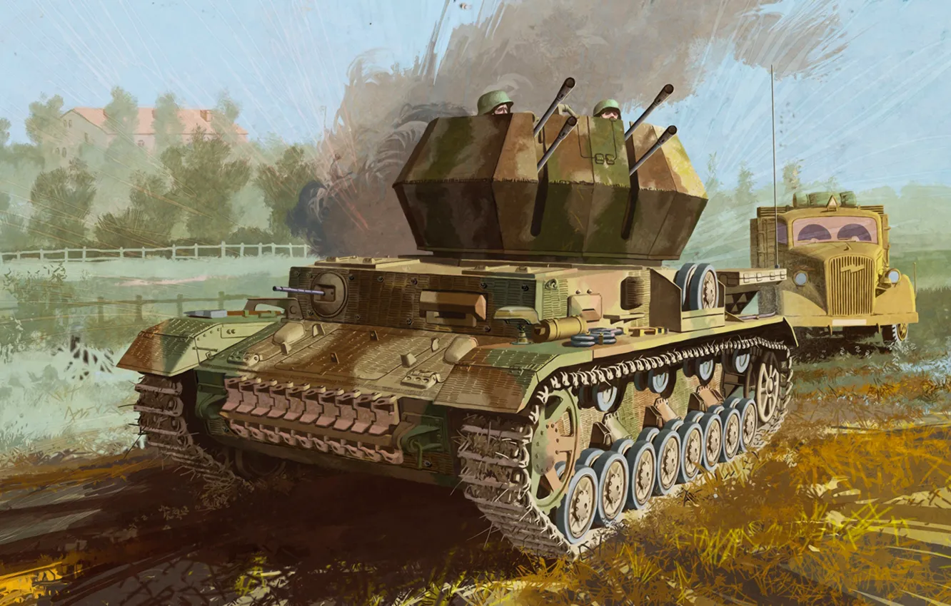 Фото обои war, art, painting, tank, ww2, flak, Flakpanzer IV Ausf.G “Wirbelwind”