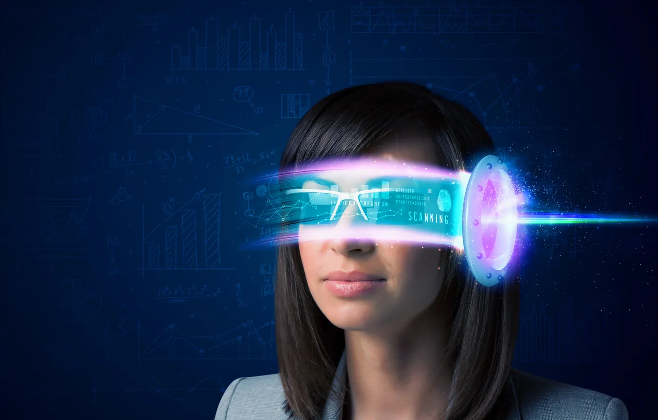 Фото обои girl, glow, hi-tech, glasses, high, information, global, innovation