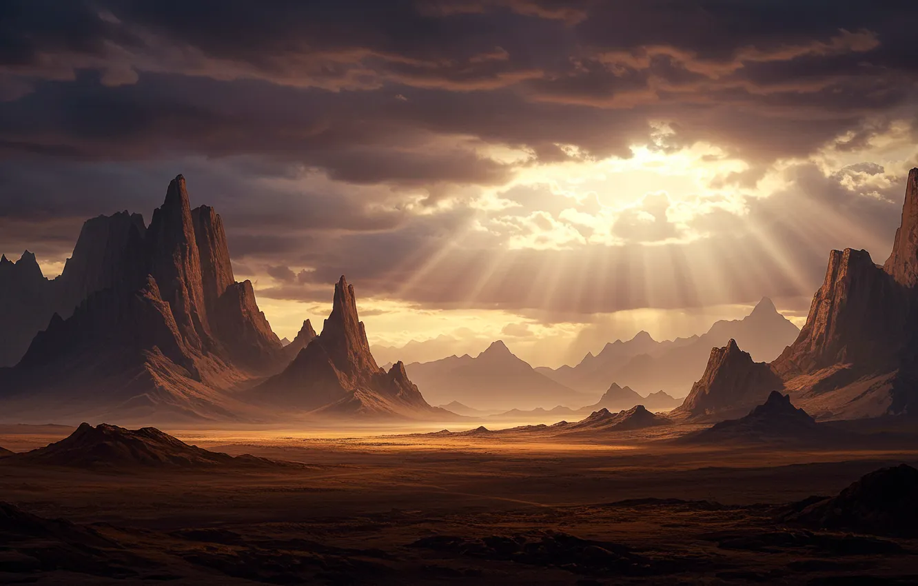 Фото обои небо, облака, пейзаж, горы, фантастика, арт, wallpaper, fantasy