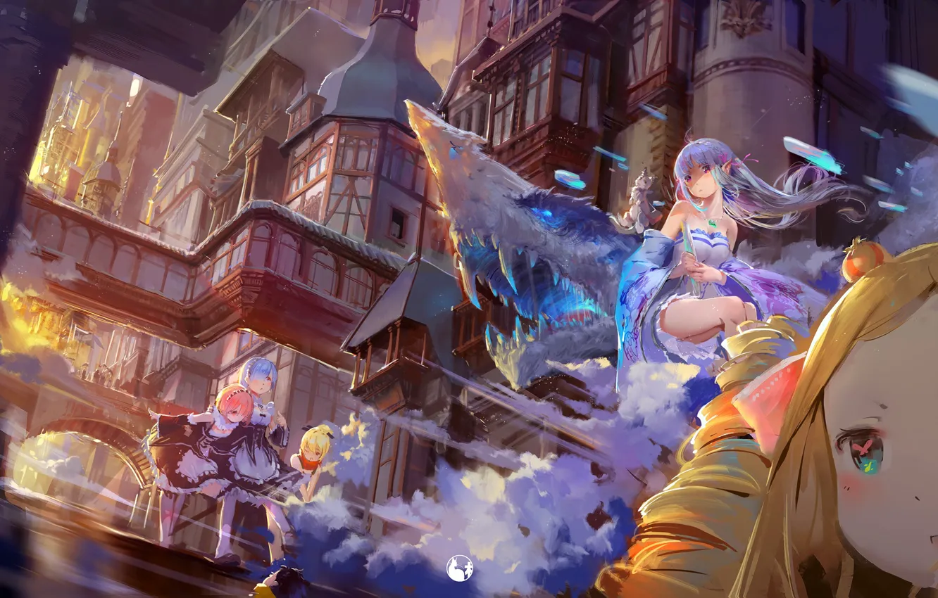Фото обои город, дракон, сестры, Emilia, Ram, Beatrice, горничные, Rem
