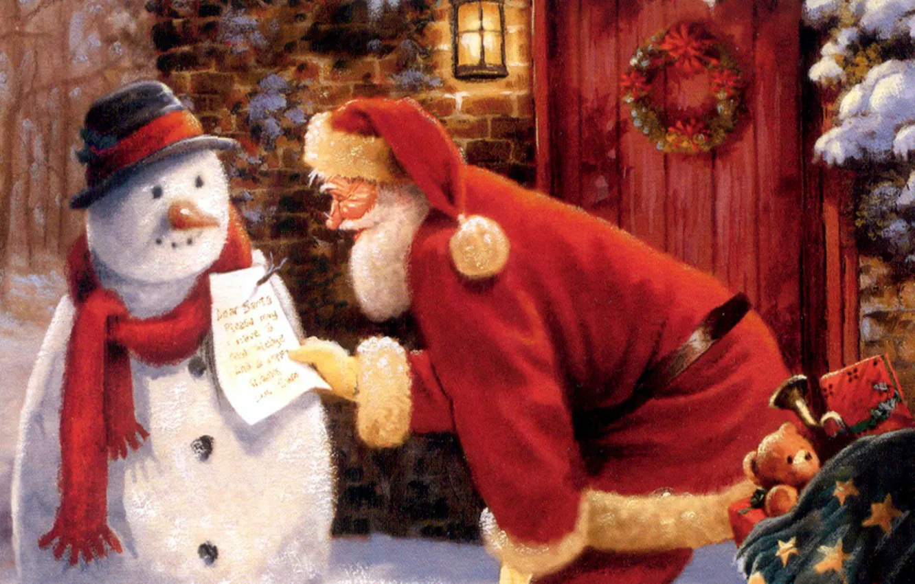 Фото обои записка, снеговик, мешок, Дед Мороз