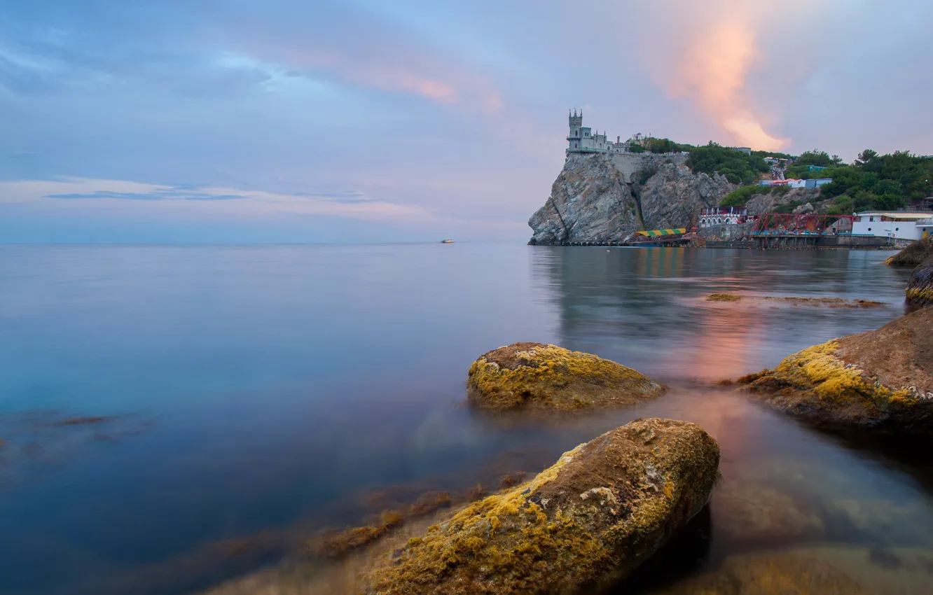 Фото обои море, пейзаж, природа, скала, камни, замок, Крым, Ласточкино гнездо