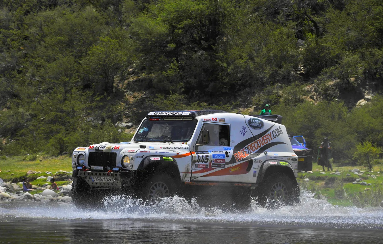 Фото обои Вода, Авто, Белый, Спорт, Брызги, Land Rover, Rally, Dakar