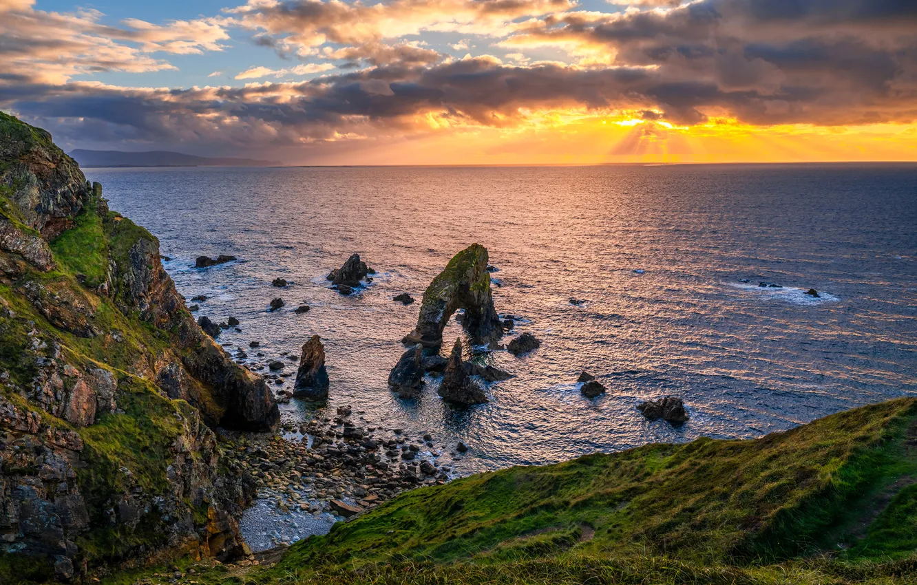 Фото обои Море, Ирландия, Арка, Побережье, Donegal, Рассветы и закаты