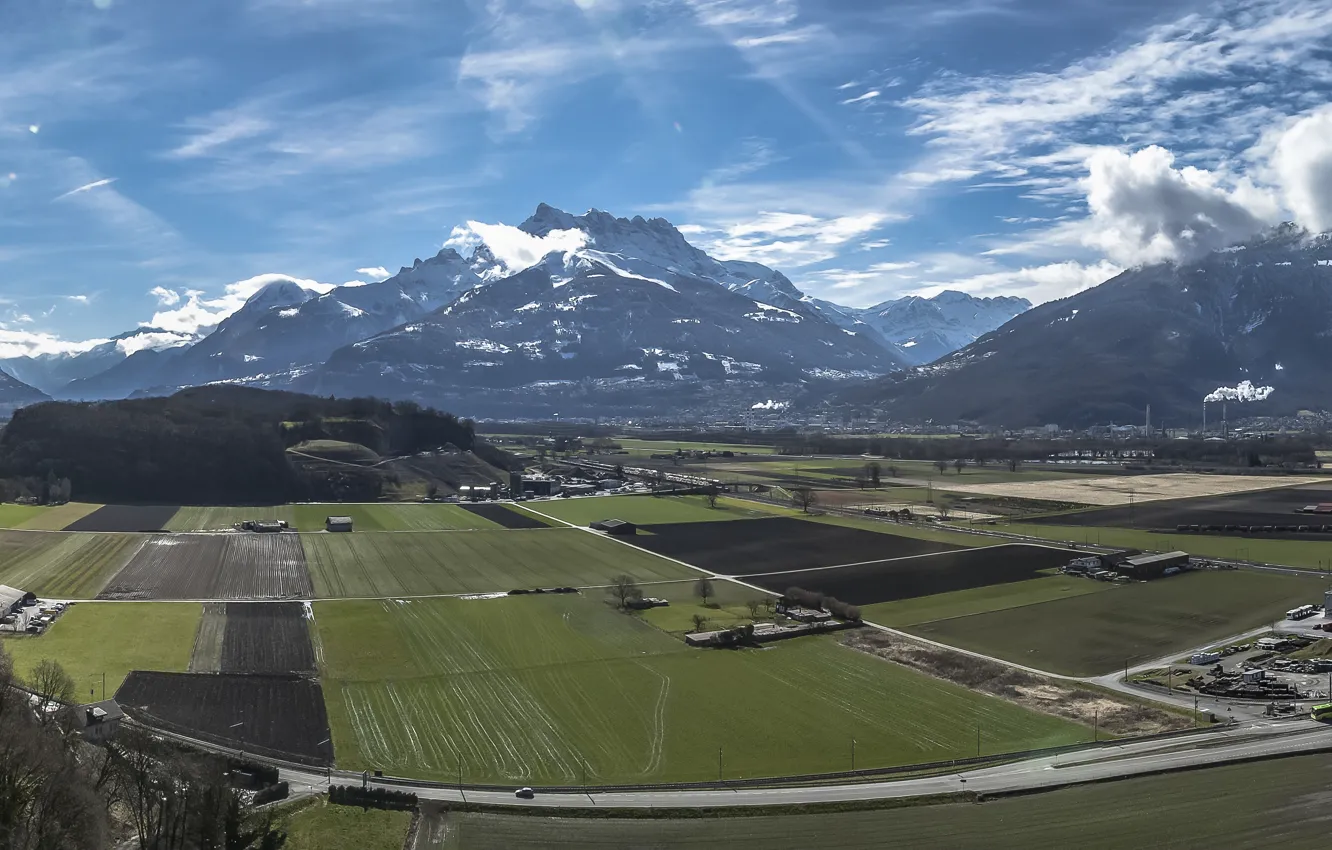 Фото обои горы, поля, Швейцария, Switzerland, panorama