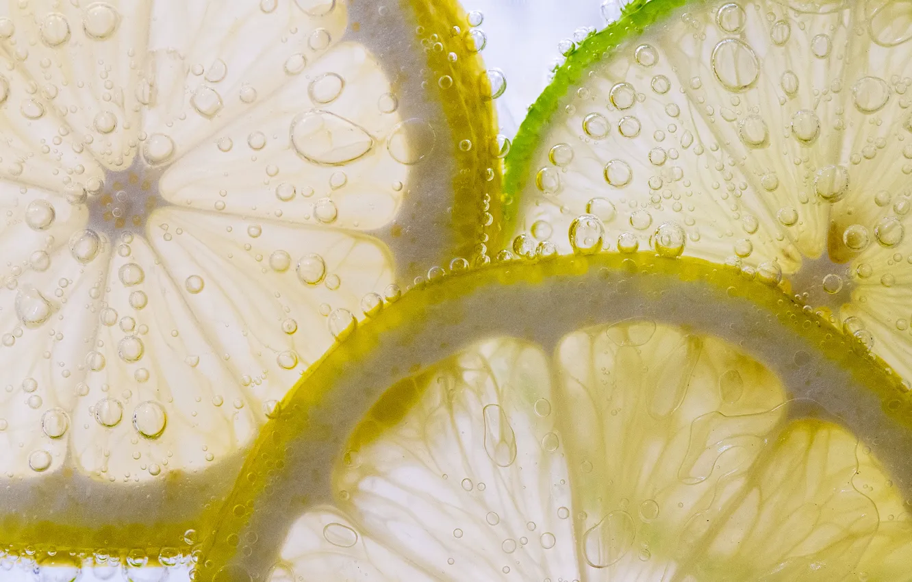 Фото обои пузырьки, лимон, еда, жидкость, долька, лайм