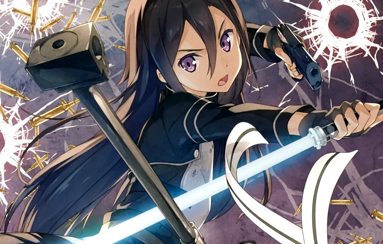 Фото обои пистолет, меч, патроны, art, sword art online, kirito, kirigaya kazuto, gun gale online