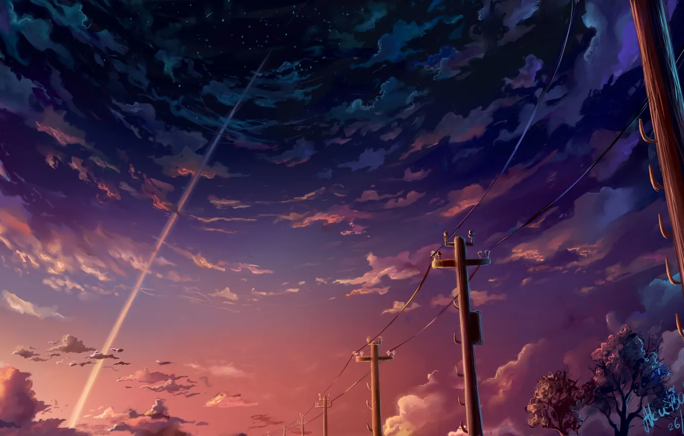Фото обои небо, звезды, облака, деревья, пейзаж, столб