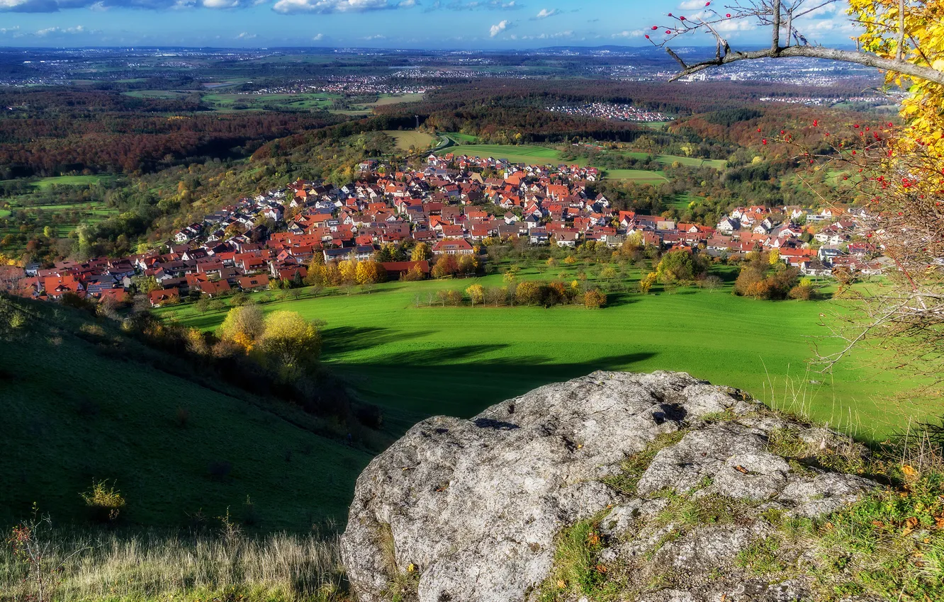 Фото обои осень, небо, трава, дома, Германия, долина, Кольберг