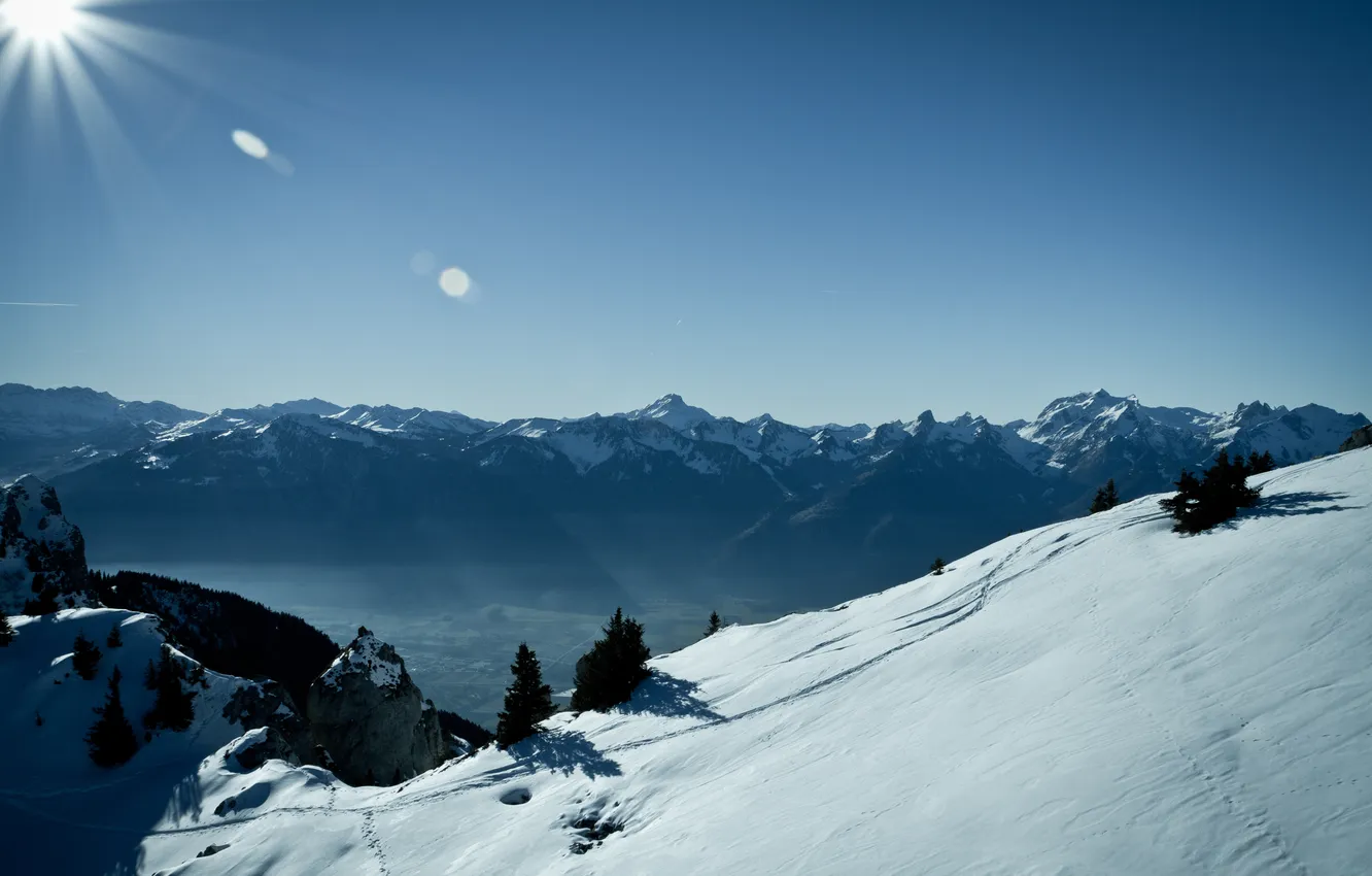 Фото обои солнце, снег, горы, высота, Switzerland, Kuklos Leysin