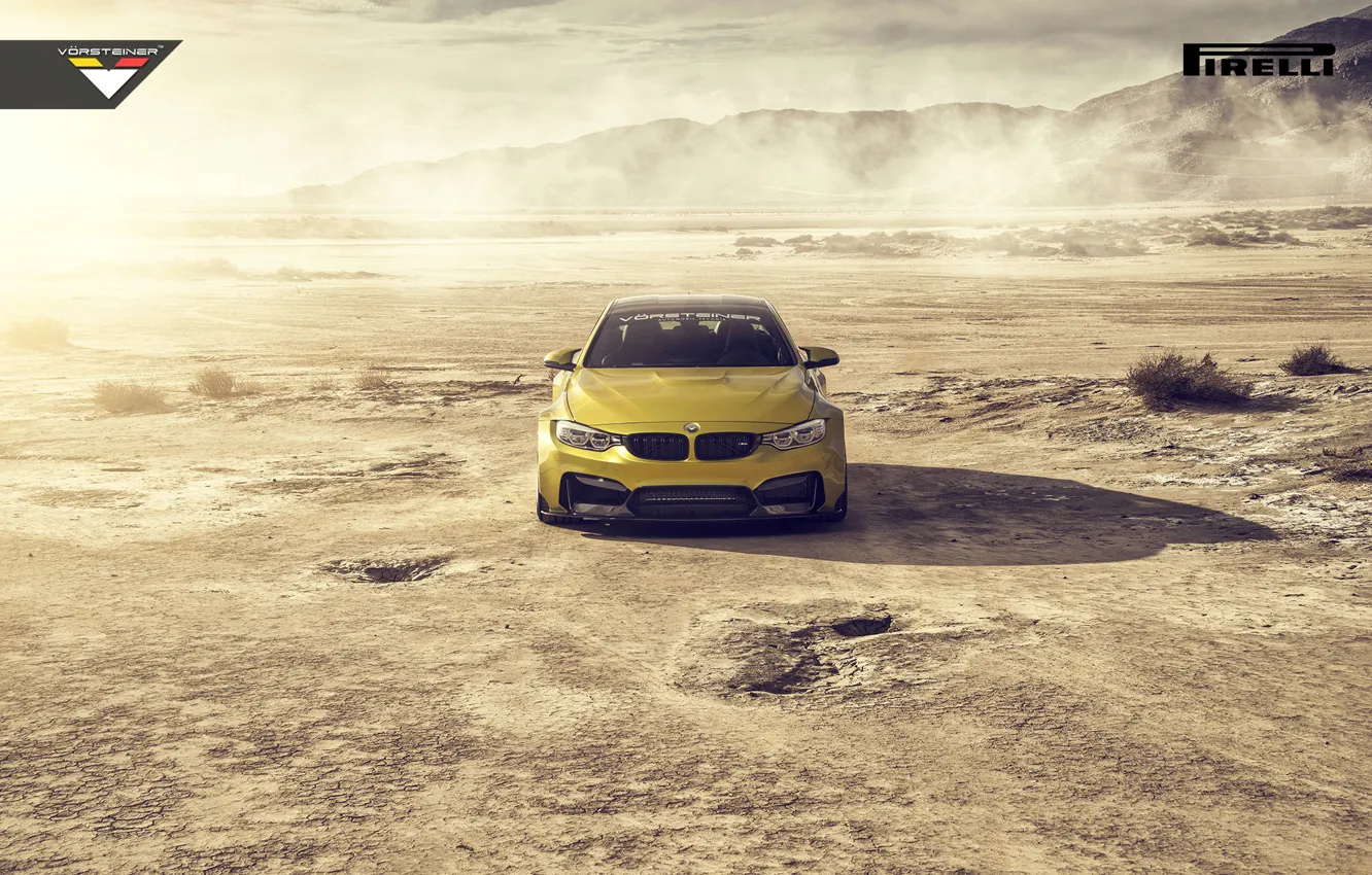 Фото обои BMW, Car, Front, Vorsteiner, Yellow, Pirelli, Wheels, Desert