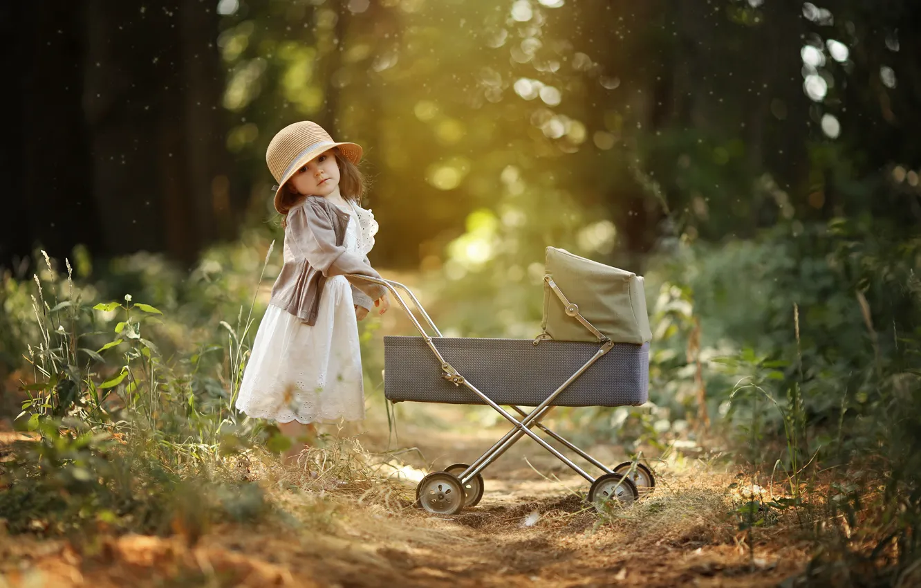 Фото обои природа, игрушка, игра, платье, девочка, коляска, шляпка, ребёнок
