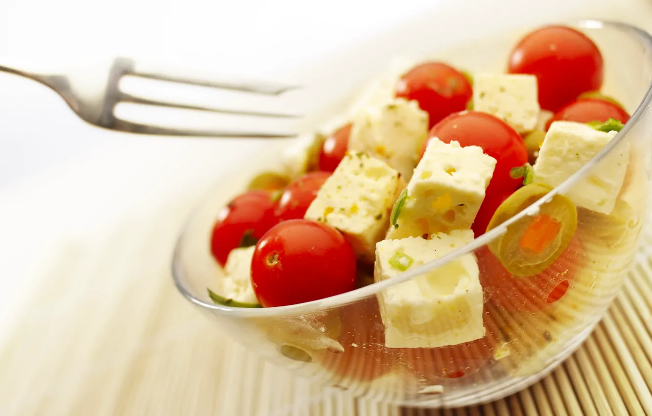 Фото обои еда, сыр, тарелка, вилка, помидоры, полезное лакомство