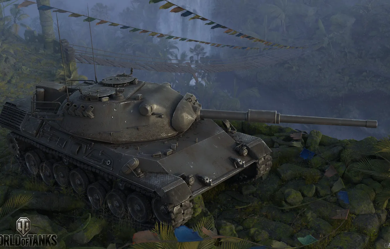 Фото обои камни, танк, флажки, World of Tanks, Leopard 1
